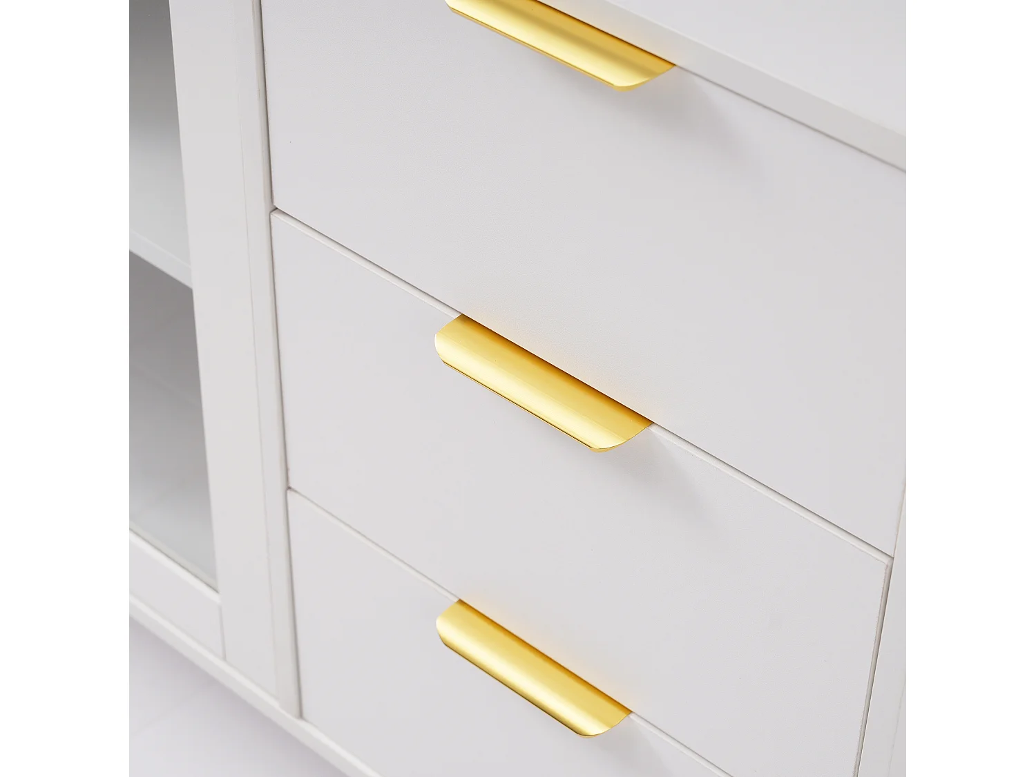 Buffet bas, Buffet blanc avec 3 tiroirs et 2 portes, pieds en métal, pour salon et salle à manger