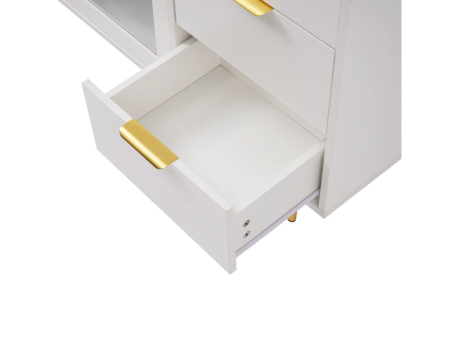 Buffet bas, Buffet blanc avec 3 tiroirs et 2 portes, pieds en métal, pour salon et salle à manger