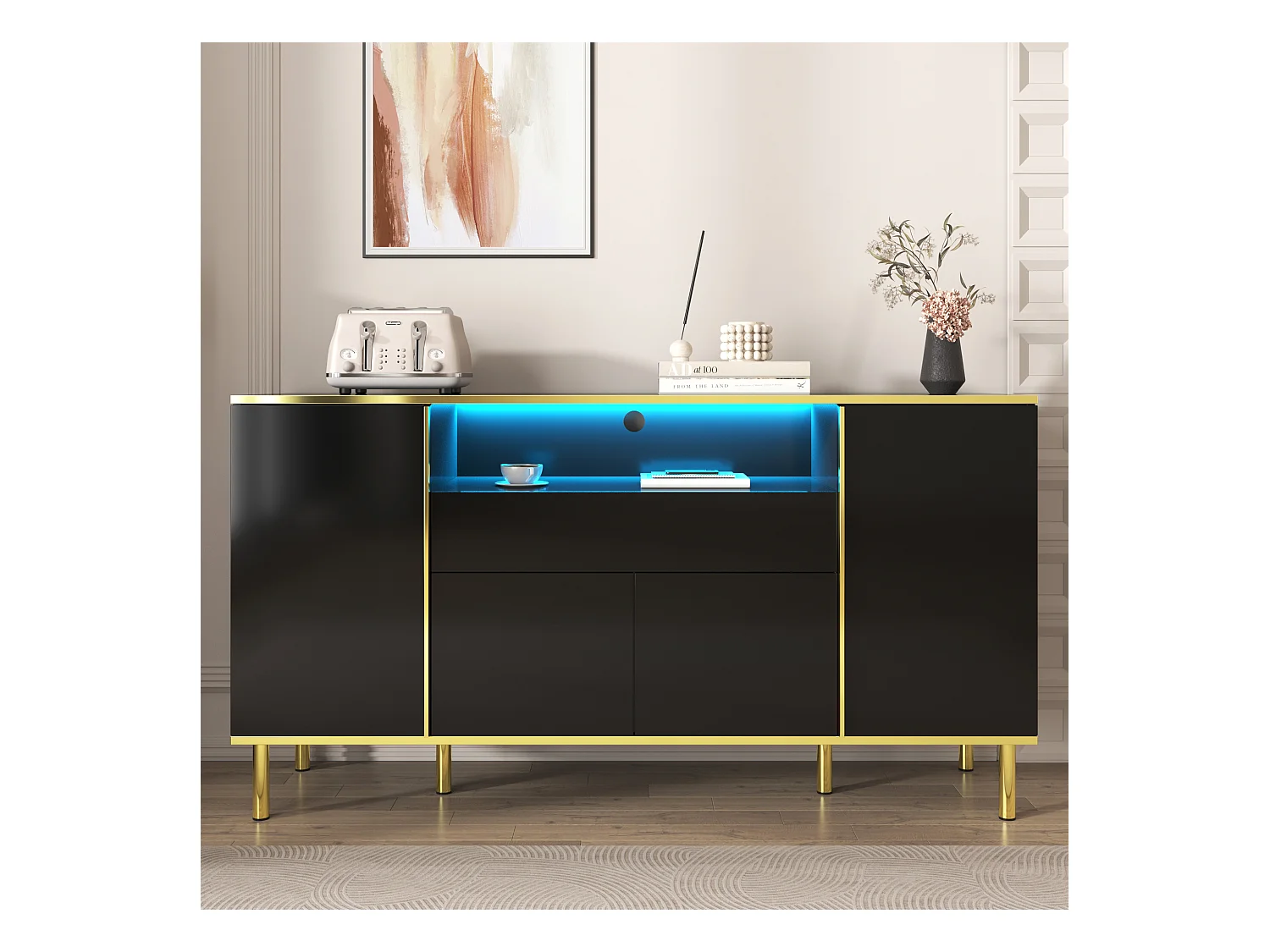 Buffet noir, Buffet brillant avec 4 portes et 1 tiroir, éclairage LED, pour salon et salle à manger