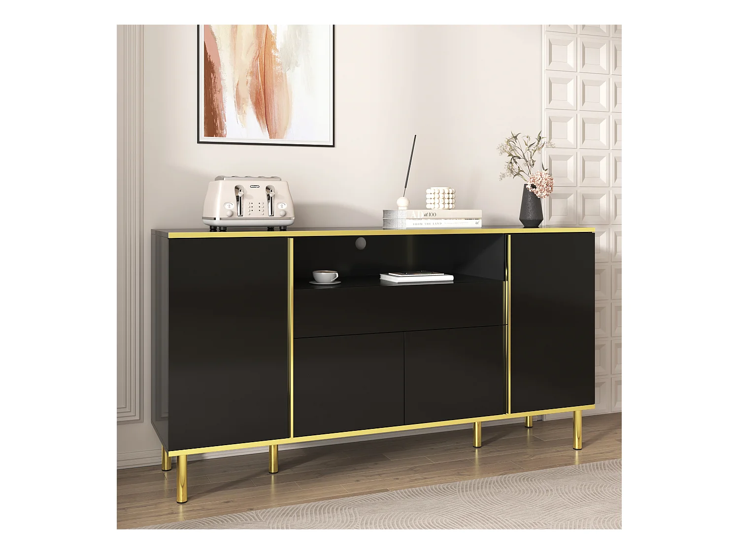 Buffet noir, Buffet brillant avec 4 portes et 1 tiroir, éclairage LED, pour salon et salle à manger
