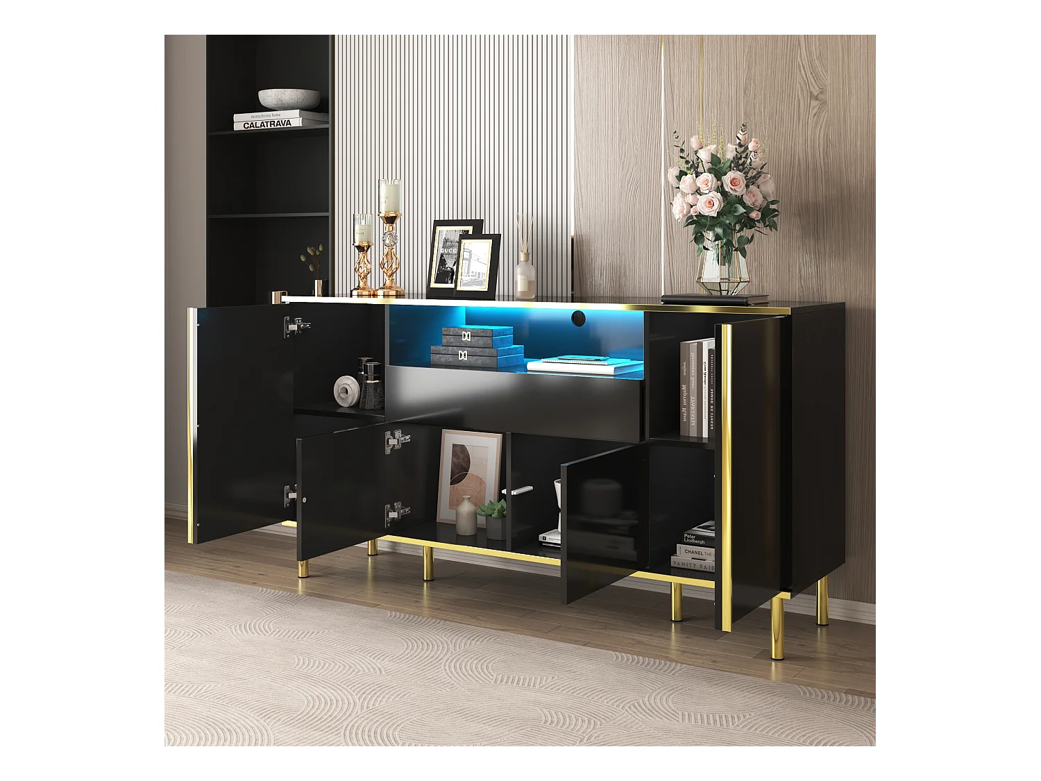 Buffet noir, Buffet brillant avec 4 portes et 1 tiroir, éclairage LED, pour salon et salle à manger