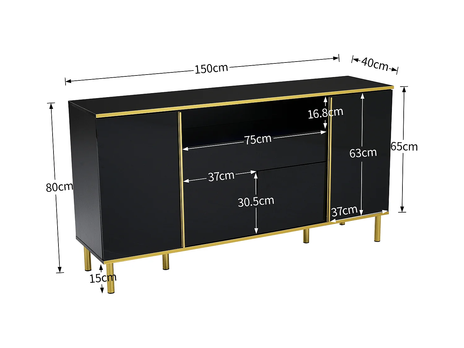 Buffet noir, Buffet brillant avec 4 portes et 1 tiroir, éclairage LED, pour salon et salle à manger