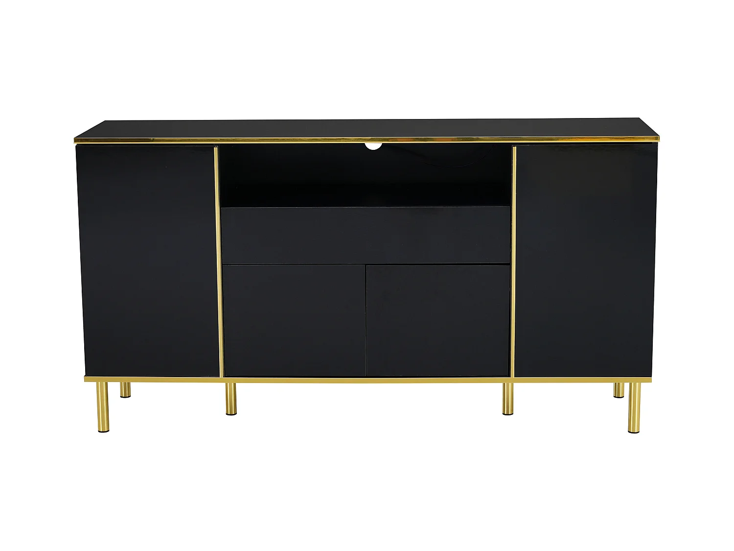 Buffet noir, Buffet brillant avec 4 portes et 1 tiroir, éclairage LED, pour salon et salle à manger