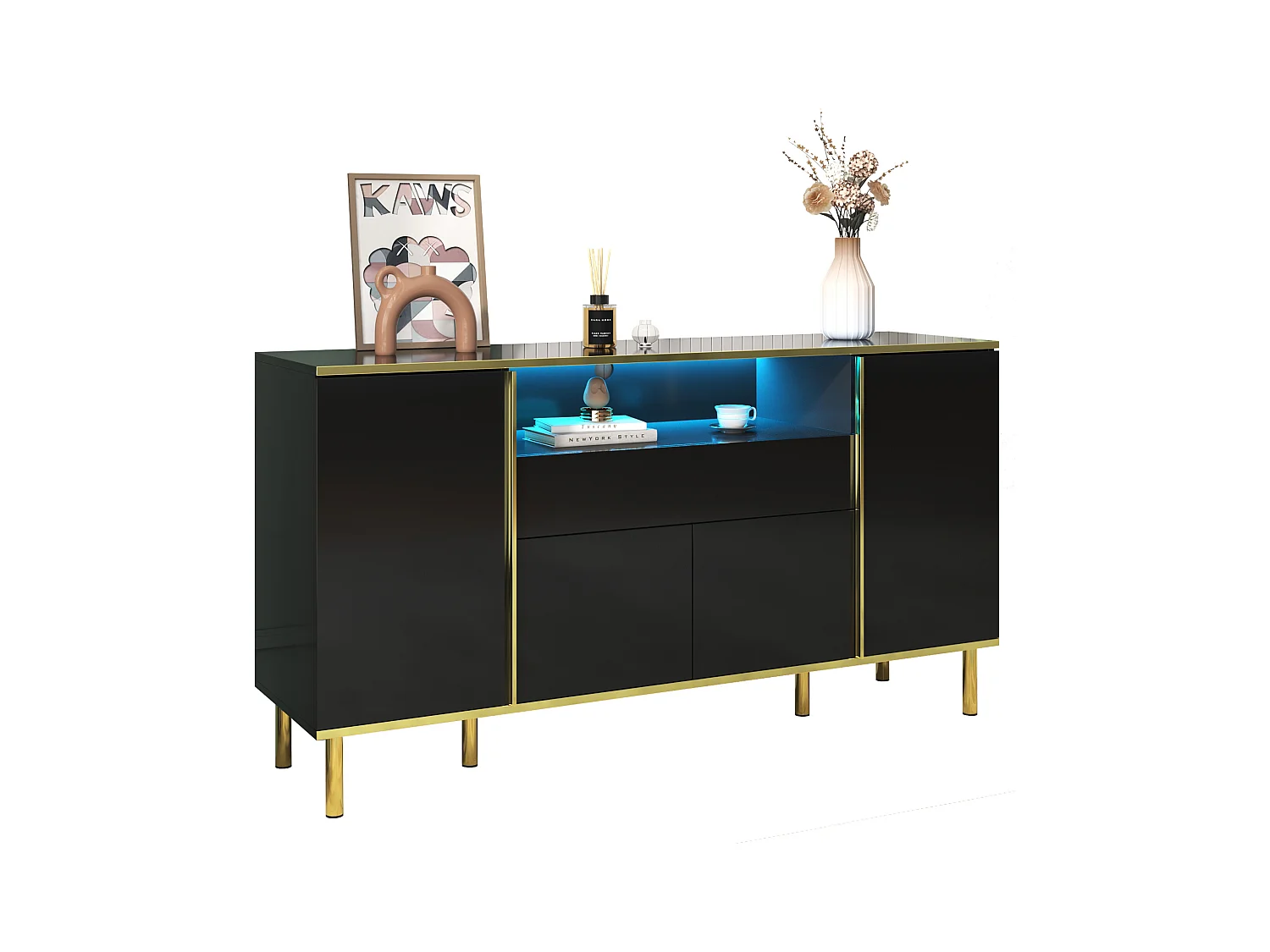 Buffet noir, Buffet brillant avec 4 portes et 1 tiroir, éclairage LED, pour salon et salle à manger