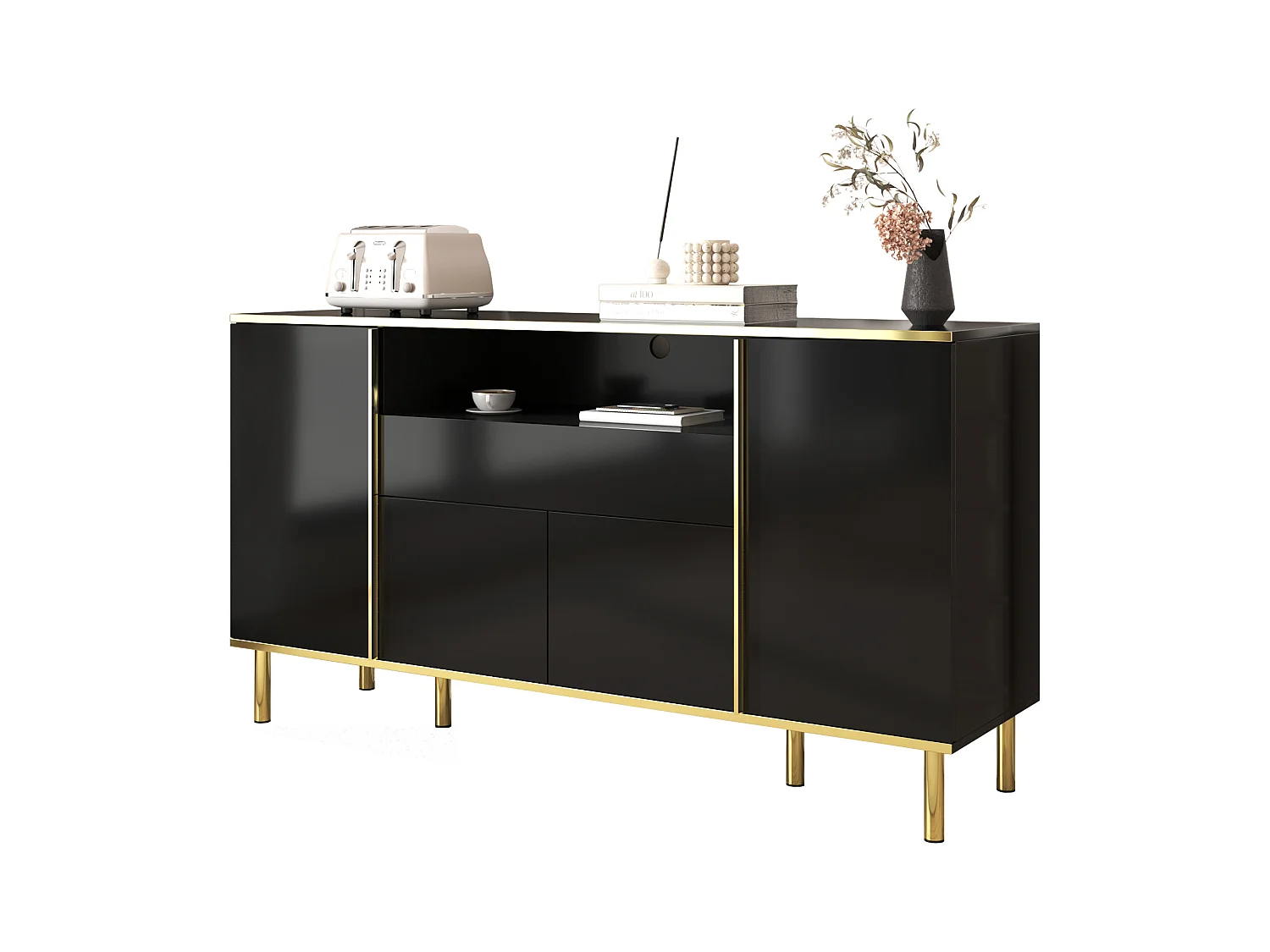 Buffet noir, Buffet brillant avec 4 portes et 1 tiroir, éclairage LED, pour salon et salle à manger