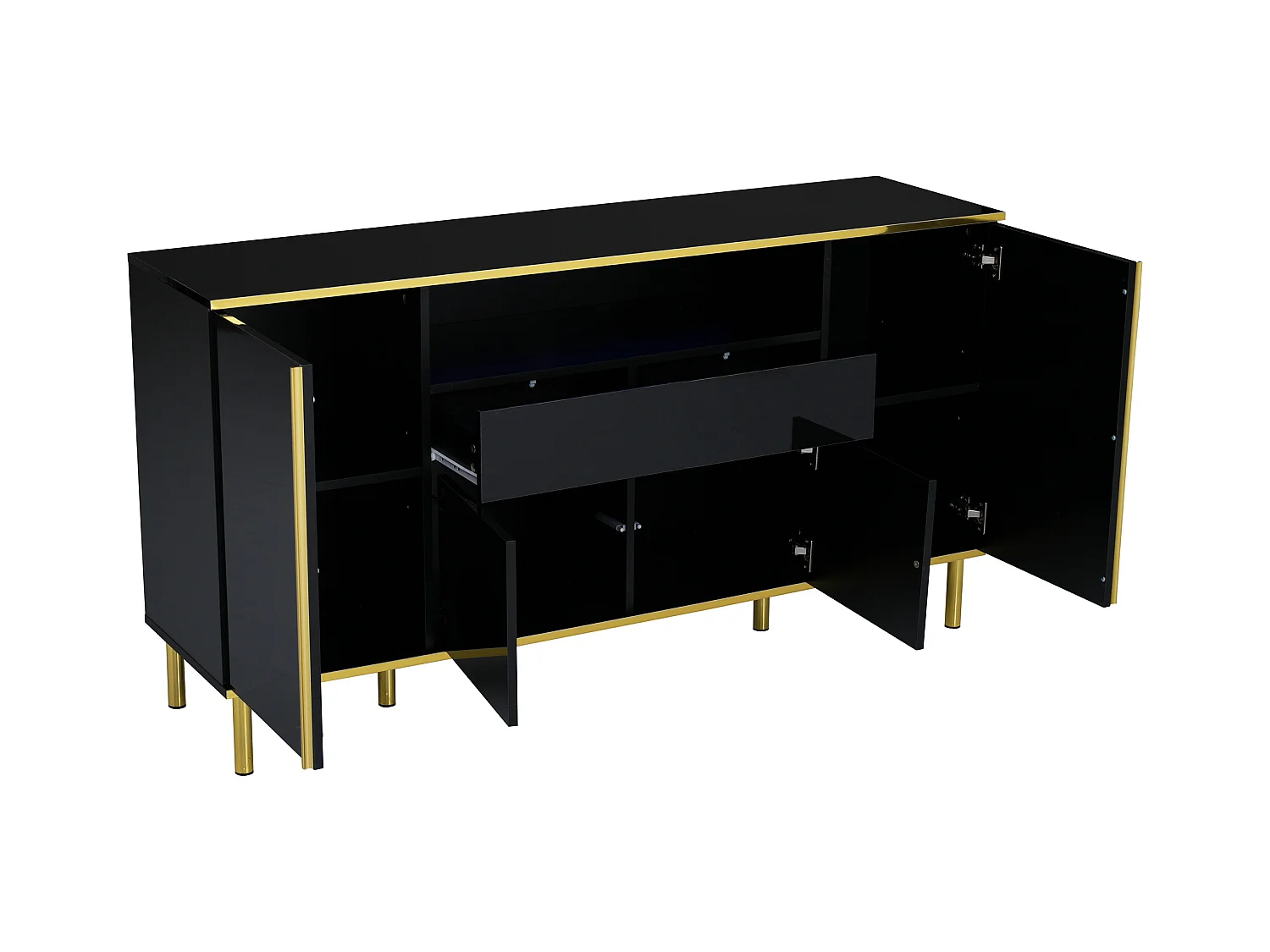 Buffet noir, Buffet brillant avec 4 portes et 1 tiroir, éclairage LED, pour salon et salle à manger