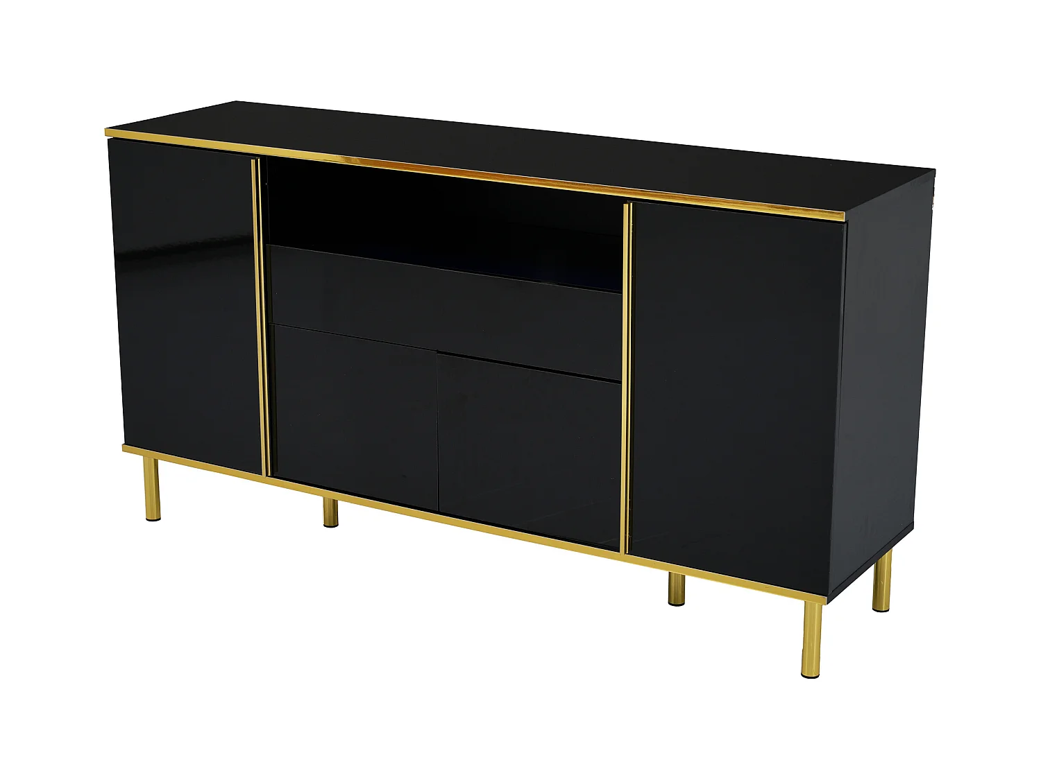 Buffet noir, Buffet brillant avec 4 portes et 1 tiroir, éclairage LED, pour salon et salle à manger