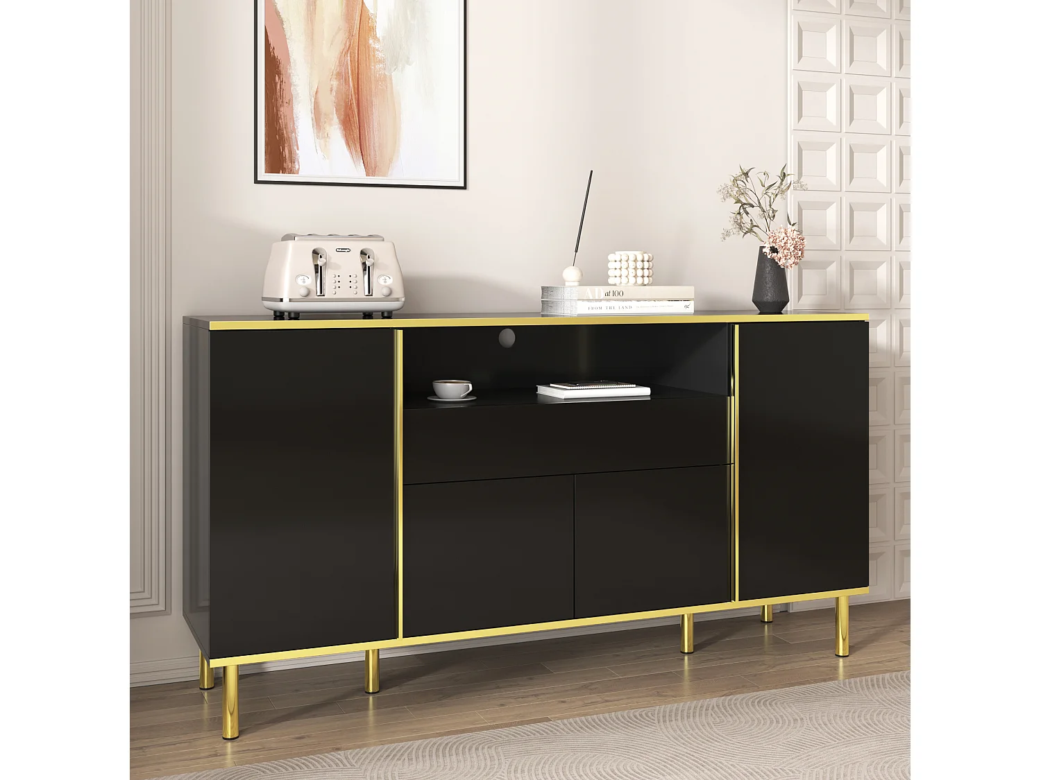 Schwarzes Sideboard, Hochglanz-Sideboard mit 4 Türen und 1 Schublade, LED-Beleuchtung, für Wohn- und Esszimmer