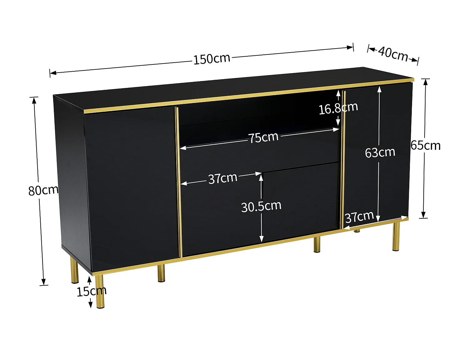 Schwarzes Sideboard, Hochglanz-Sideboard mit 4 Türen und 1 Schublade, LED-Beleuchtung, für Wohn- und Esszimmer