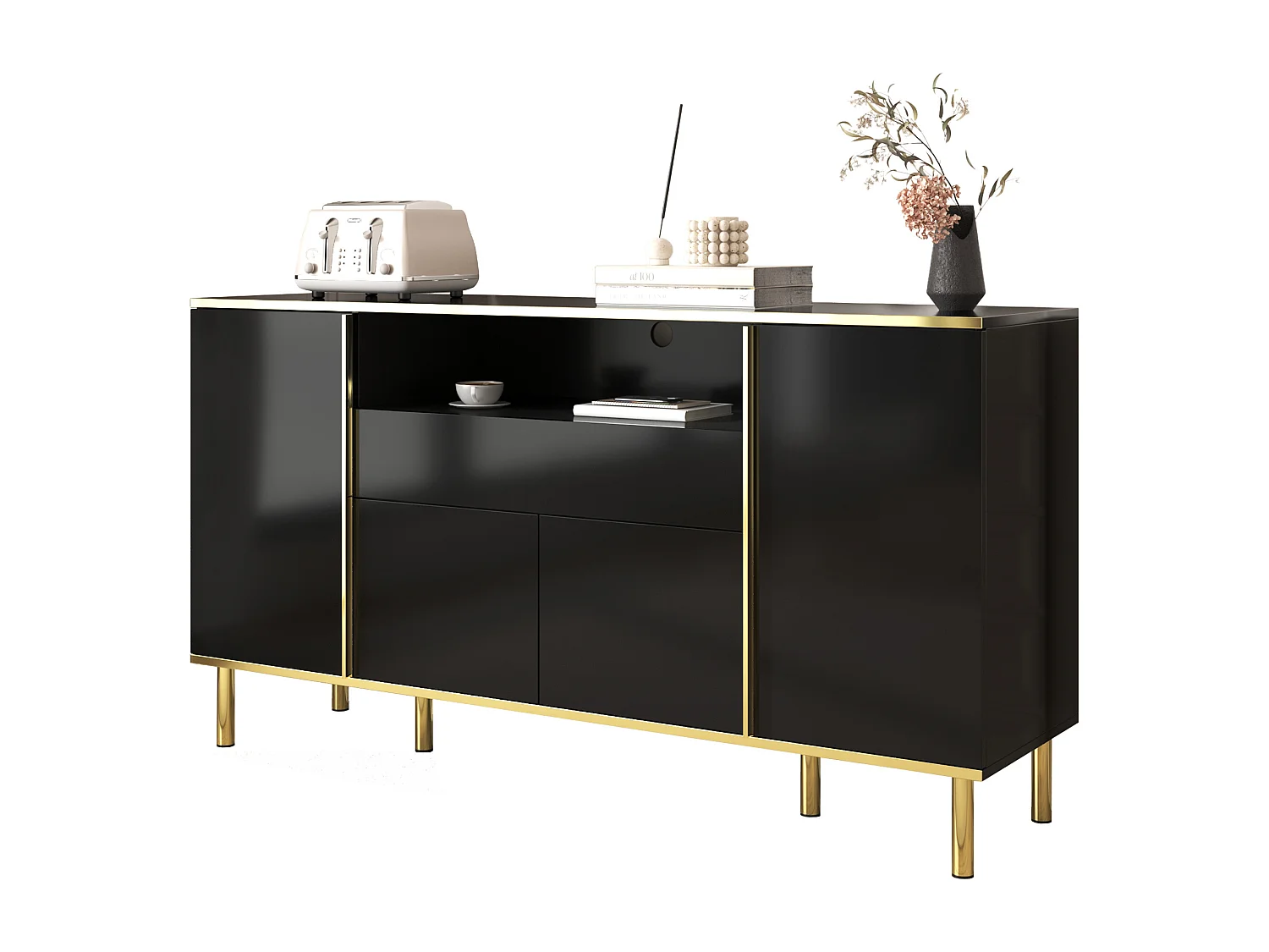 Schwarzes Sideboard, Hochglanz-Sideboard mit 4 Türen und 1 Schublade, LED-Beleuchtung, für Wohn- und Esszimmer