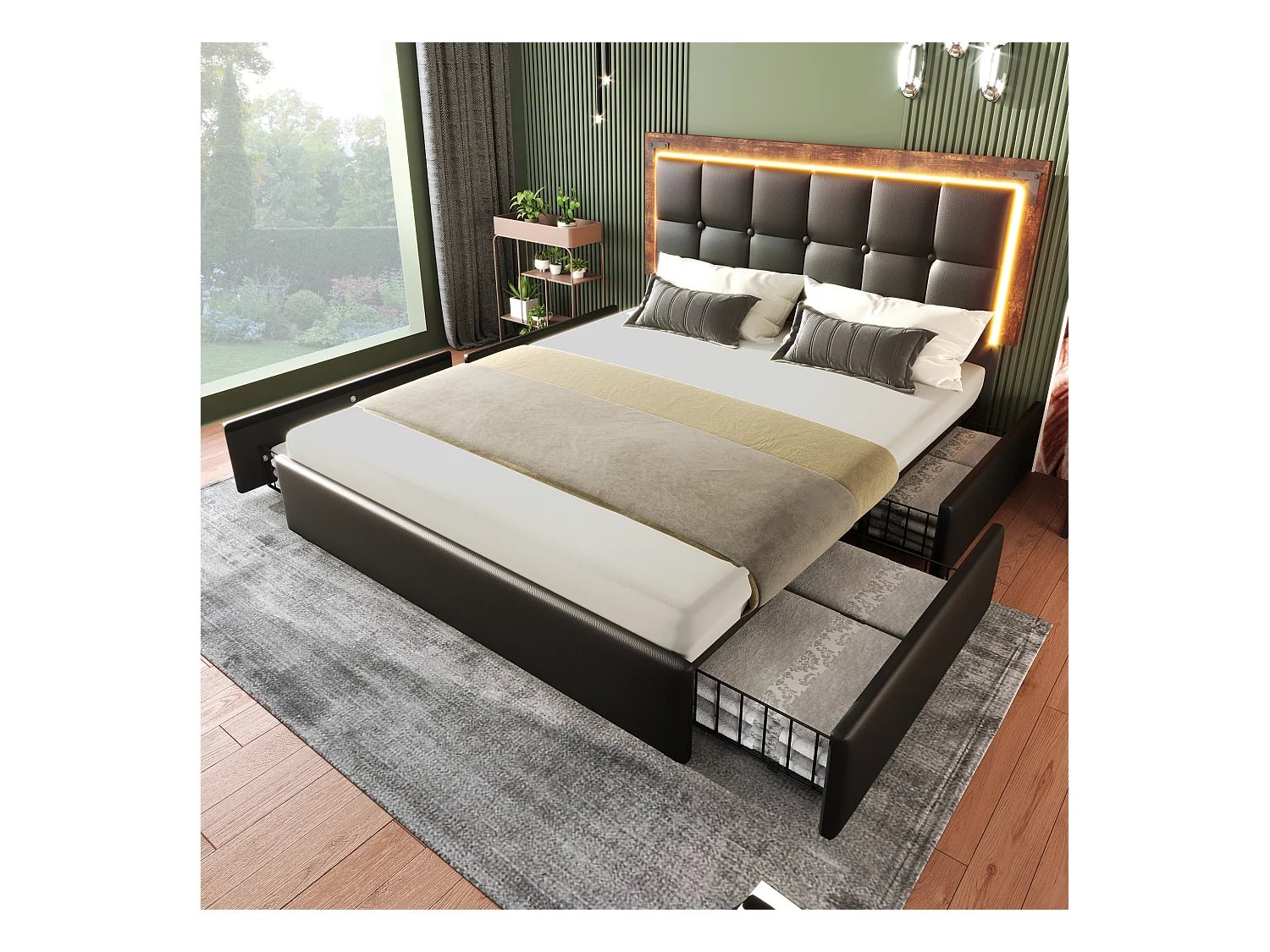 Cama para adulto de 140 x 200 cm, de poliuretano negro, con cabecero ajustable y 4 cajones, iluminación LED, sin colchón