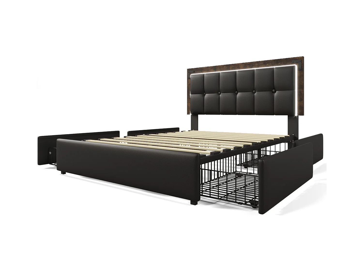 Cama para adulto de 140 x 200 cm, de poliuretano negro, con cabecero ajustable y 4 cajones, iluminación LED, sin colchón