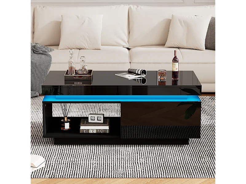 Zwarte salontafel met ledverlichting, 1 lade en open opbergvak, voor woonkamer en kantoor