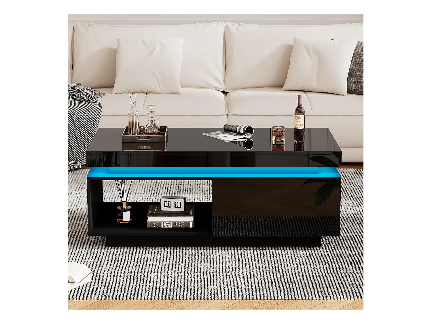 Zwarte salontafel met ledverlichting, 1 lade en open opbergvak, voor woonkamer en kantoor