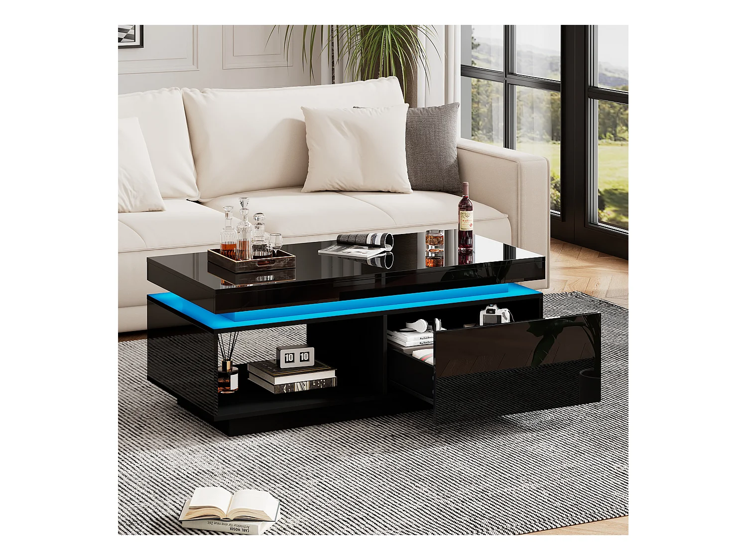 Zwarte salontafel met ledverlichting, 1 lade en open opbergvak, voor woonkamer en kantoor