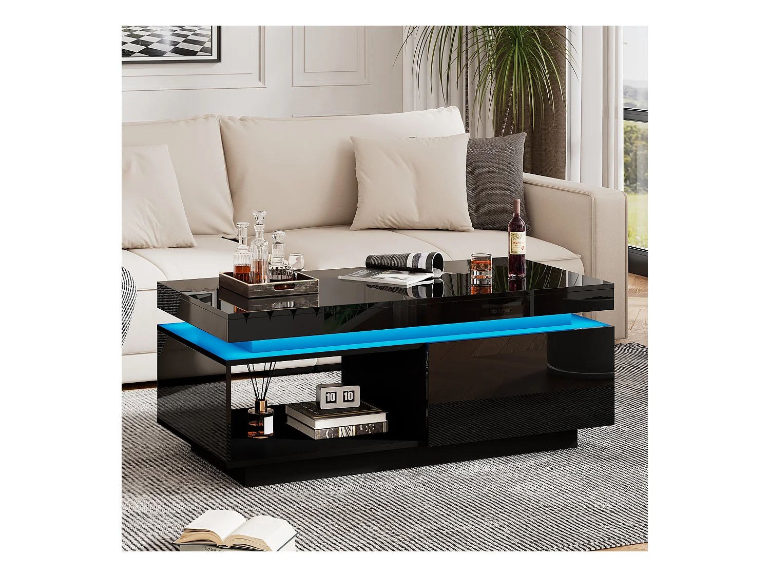 Zwarte salontafel met ledverlichting, 1 lade en open opbergvak, voor woonkamer en kantoor