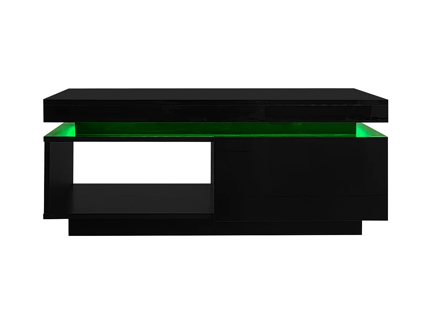 Zwarte salontafel met ledverlichting, 1 lade en open opbergvak, voor woonkamer en kantoor