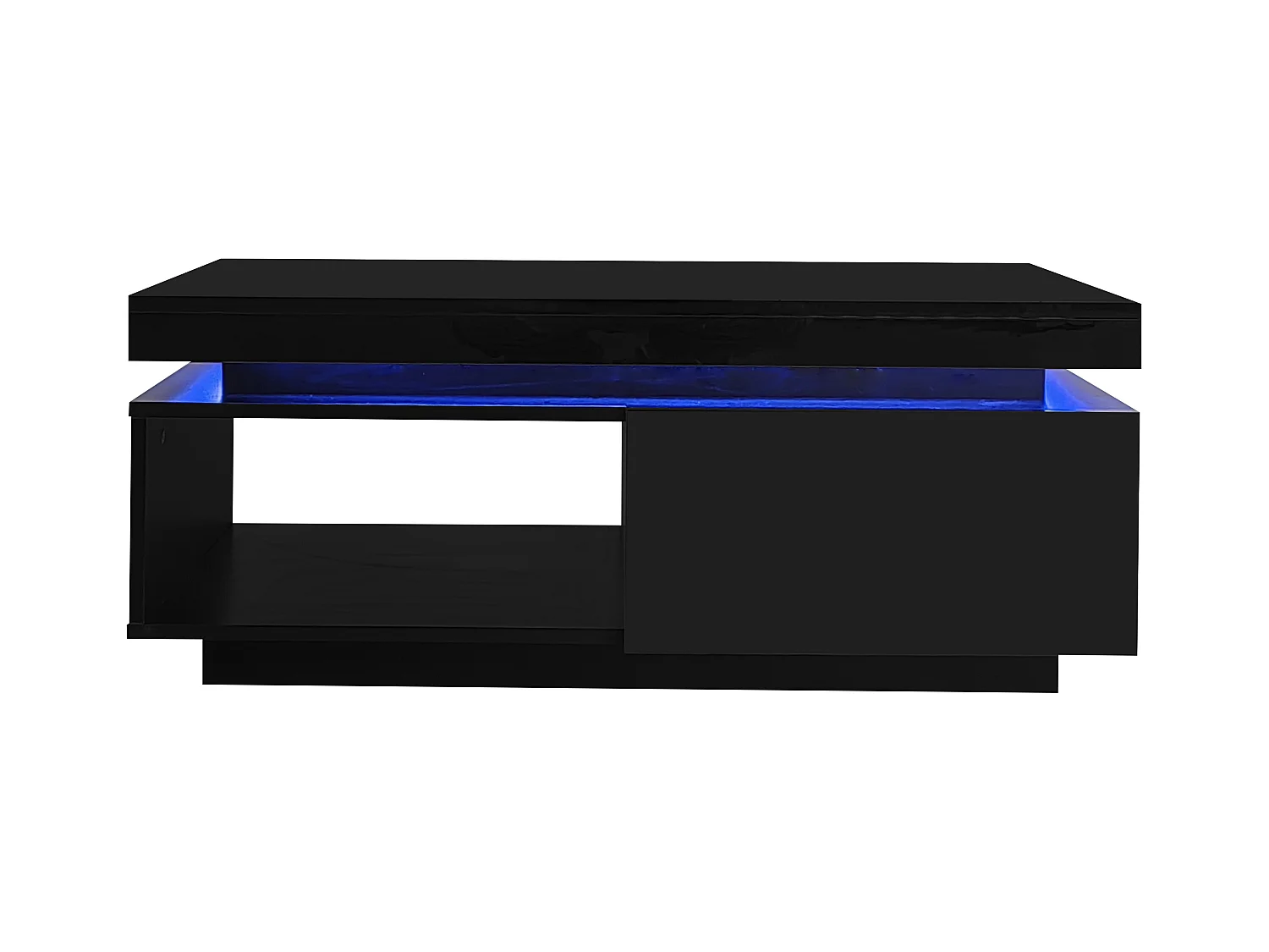 Zwarte salontafel met ledverlichting, 1 lade en open opbergvak, voor woonkamer en kantoor