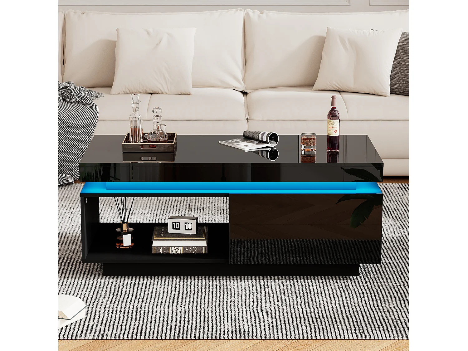 Schwarzer Couchtisch mit LED-Beleuchtung, 1 Schublade und offenem Fach – für Wohnzimmer und Büro