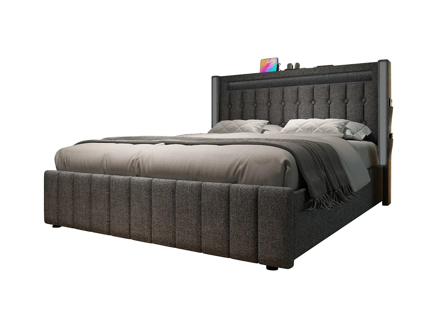 Bed met lades 140x200 cm, grijs linnen, Volwassenbed met USB-oplader en led-verlichting, 4 lades, zonder matras