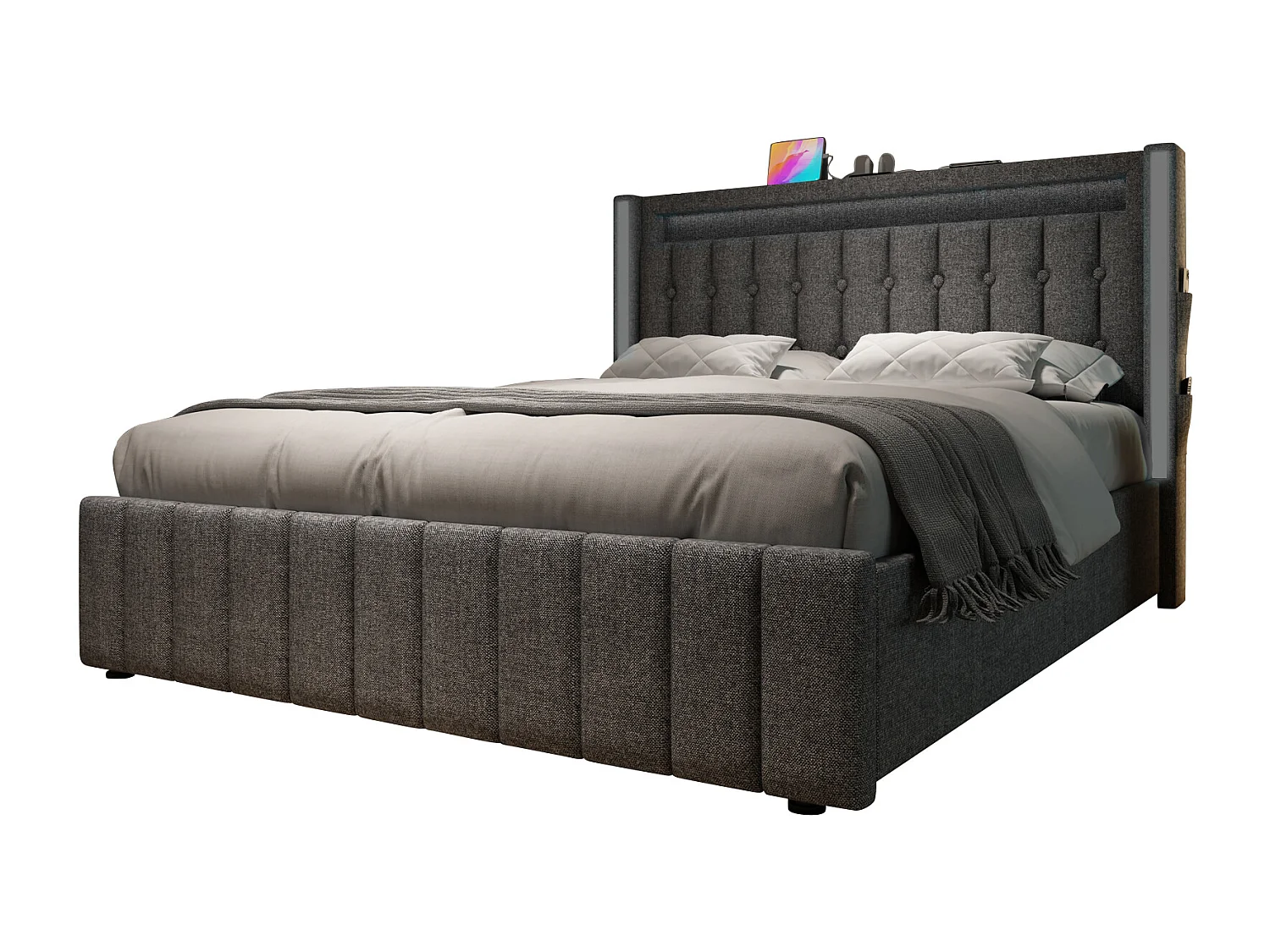 Bett mit Schubladen 140 x 200 cm, graues Leinen, Erwachsenenbett mit USB-Ladefunktion und LED-Beleuchtung, 4 Schubladen, ohne Matratze