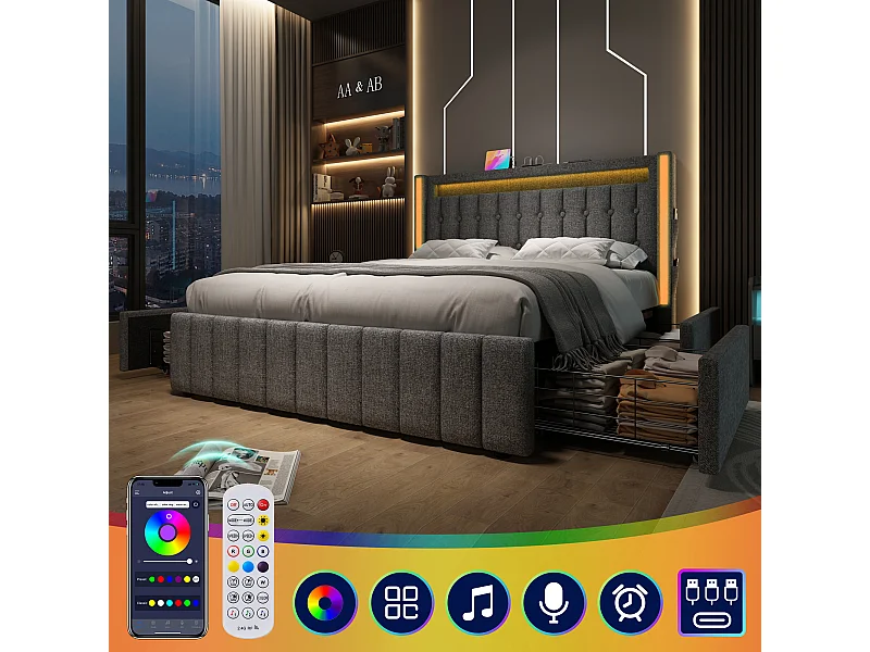 Bed met lades 140x200 cm, grijs linnen, Volwassenbed met USB-oplader en led-verlichting, 4 lades, zonder matras