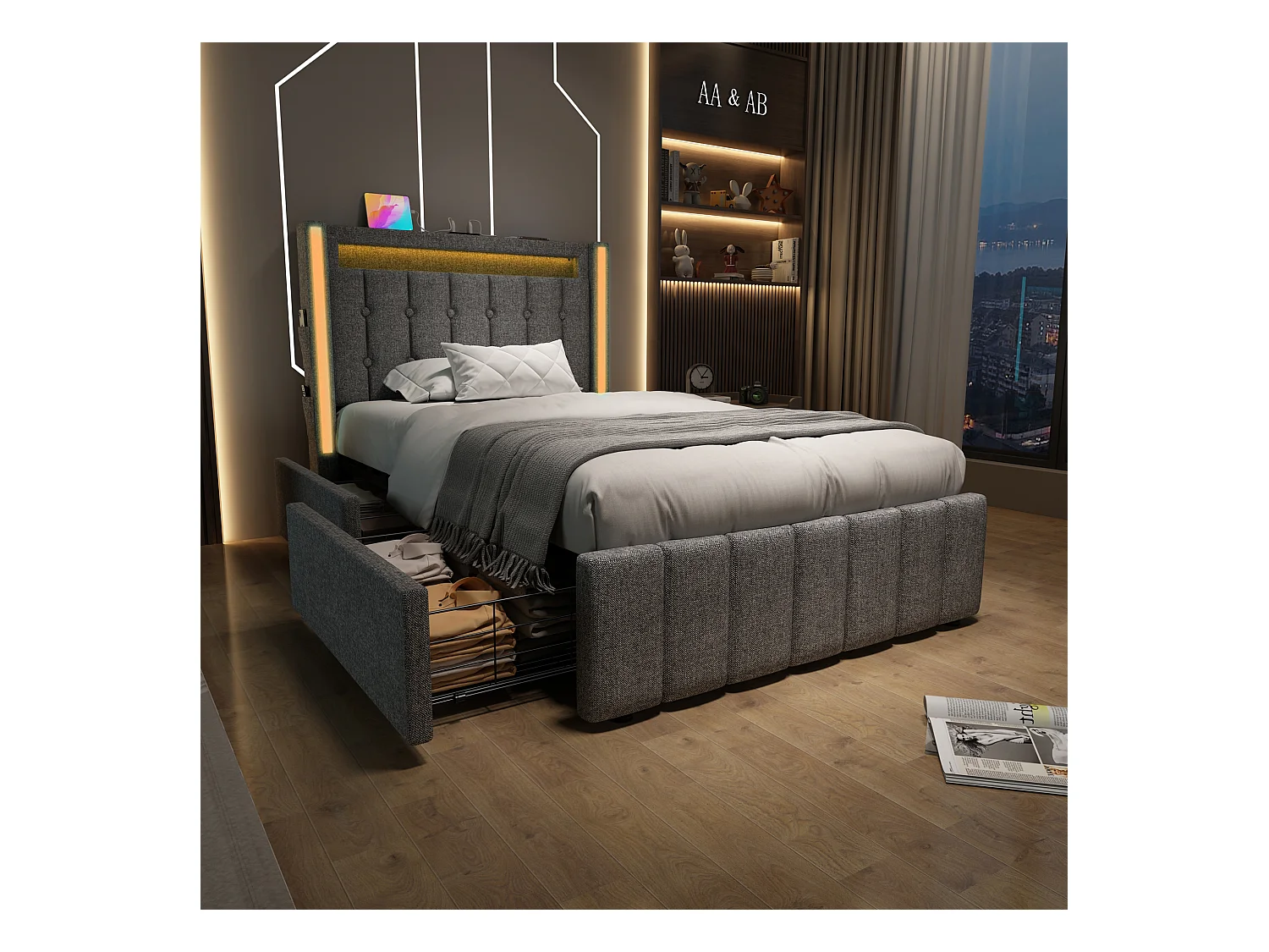Bett mit Schubladen 90 x 200 cm, graues Leinen, Jugendbett mit USB-Ladefunktion und LED-Beleuchtung, 2 Schubladen, ohne Matratze