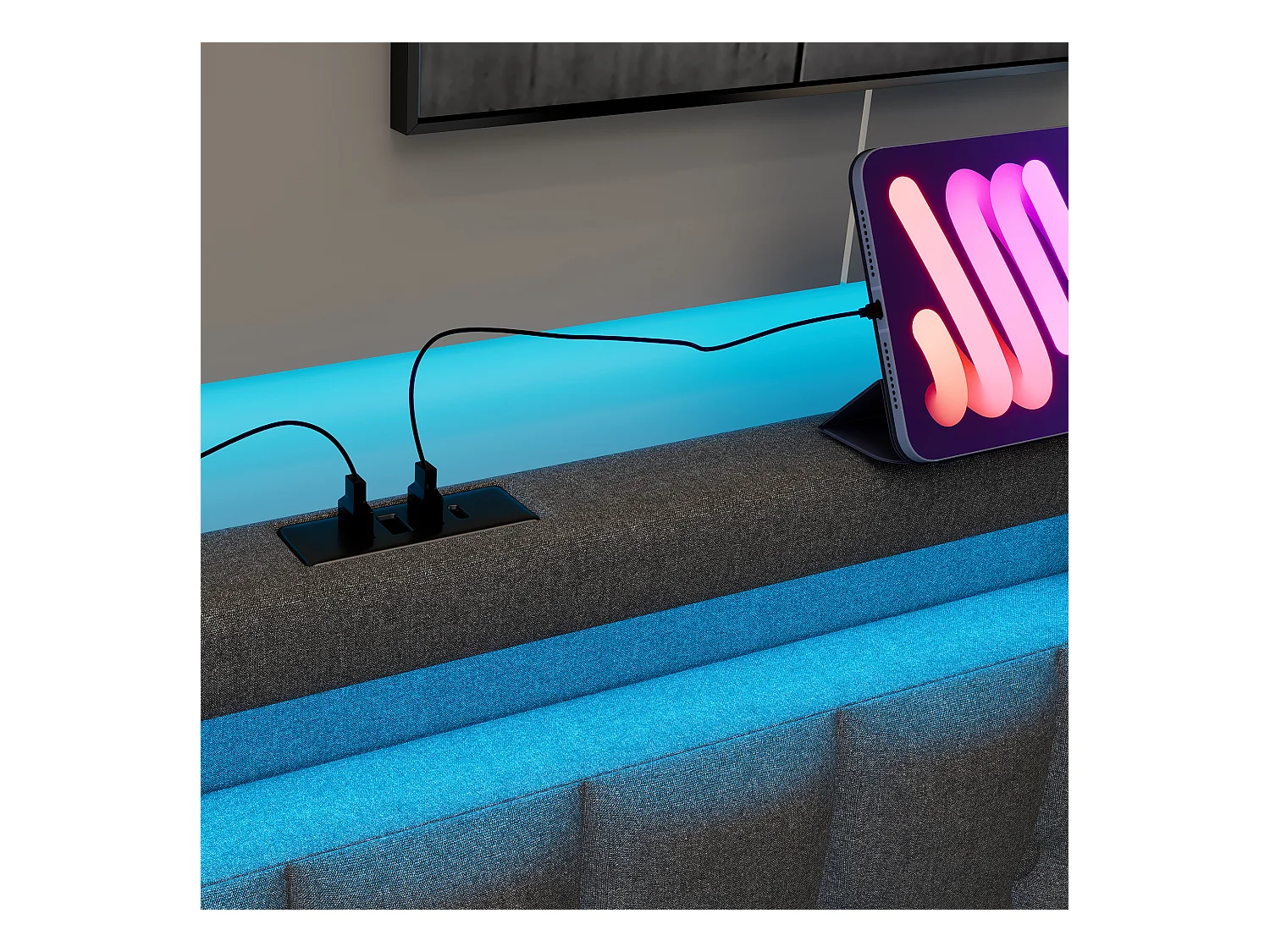 Bett mit Schubladen 90 x 200 cm, graues Leinen, Jugendbett mit USB-Ladefunktion und LED-Beleuchtung, 2 Schubladen, ohne Matratze