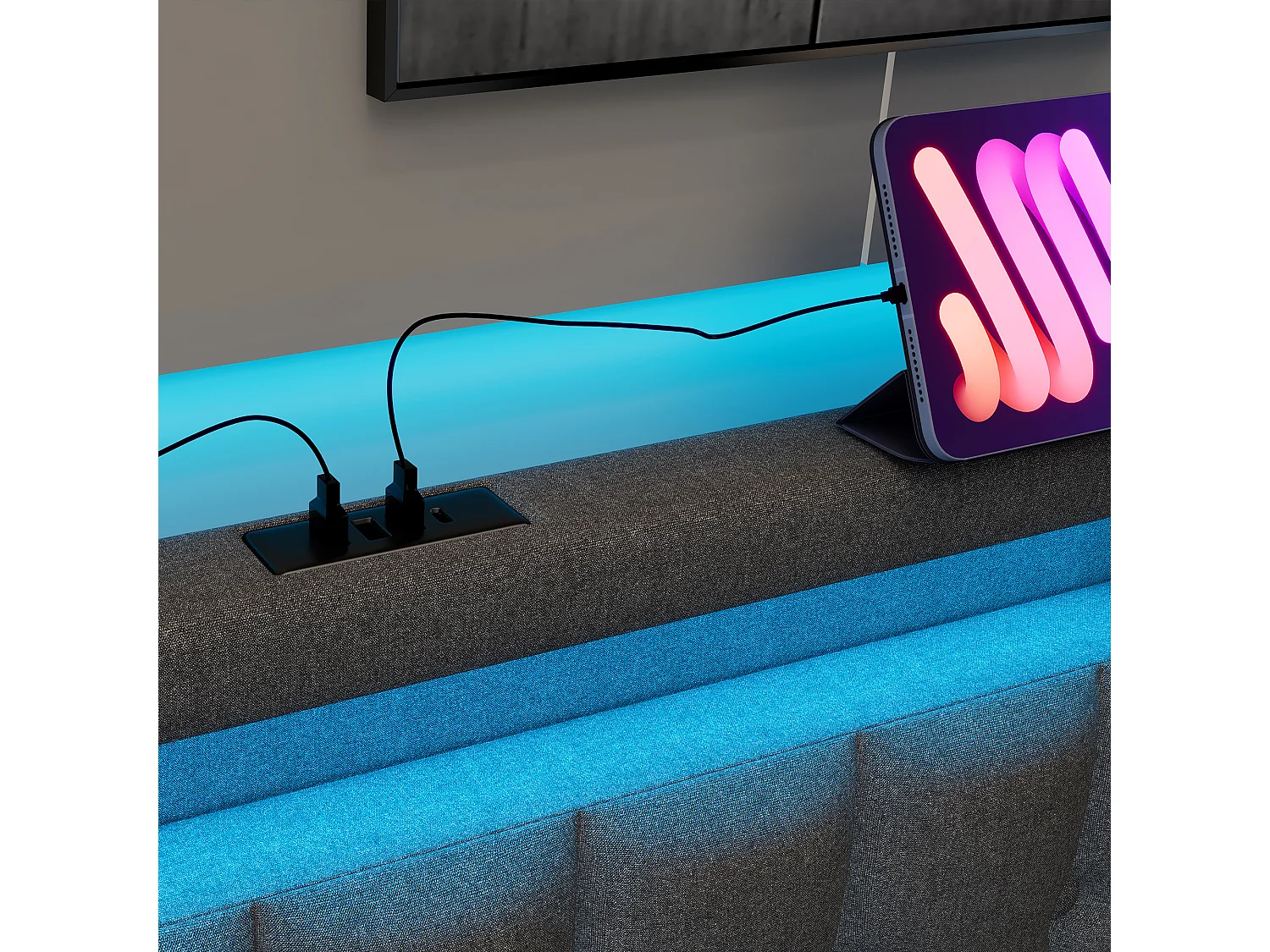 Łóżko z szufladami 90x200 cm, len szary, Łóżko dla nastolatków z ładowaniem USB i diodą LED, 2 szuflady, bez materaca