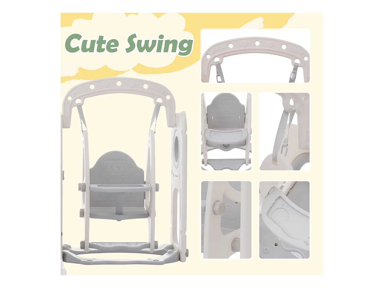 Toboggan pour enfants 7 en 1 - toboggan, balançoire, plateforme, meuble bas, jeu de punch, support de basket et escaliers - Blanc