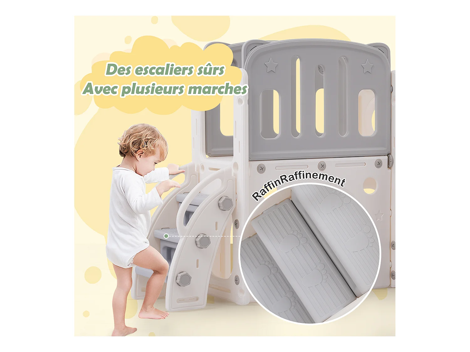 Toboggan pour enfants 7 en 1 - toboggan, balançoire, plateforme, meuble bas, jeu de punch, support de basket et escaliers - Blanc