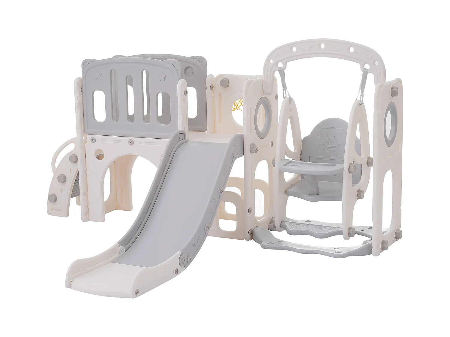 Toboggan pour enfants 7 en 1 - toboggan, balançoire, plateforme, meuble bas, jeu de punch, support de basket et escaliers - Blanc