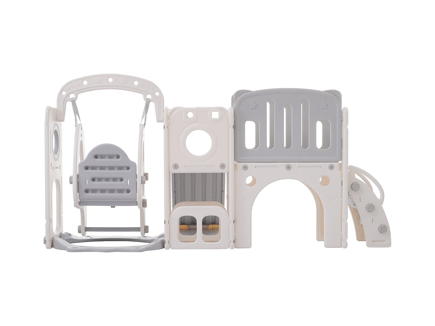 Toboggan pour enfants 7 en 1 - toboggan, balançoire, plateforme, meuble bas, jeu de punch, support de basket et escaliers - Blanc