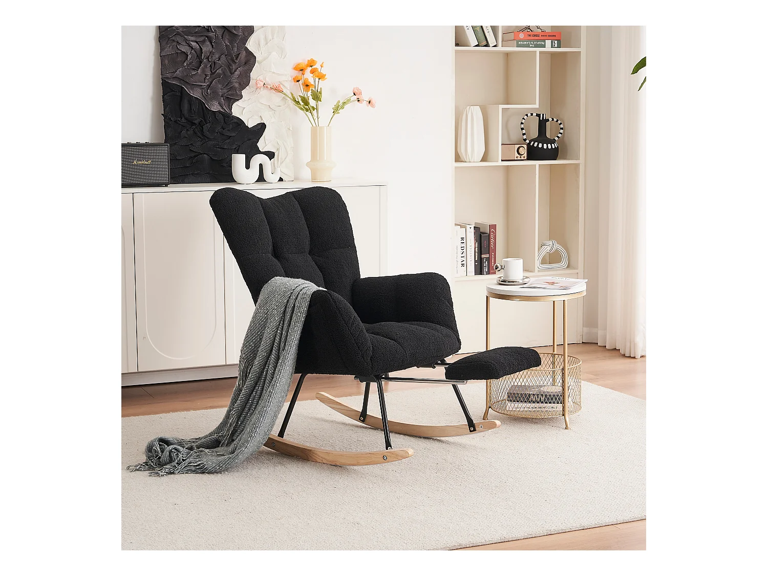 Fauteuil à bascule rembourré, peluche, fauteuil à bascule noir avec repose-pieds rétractable, structure en métal