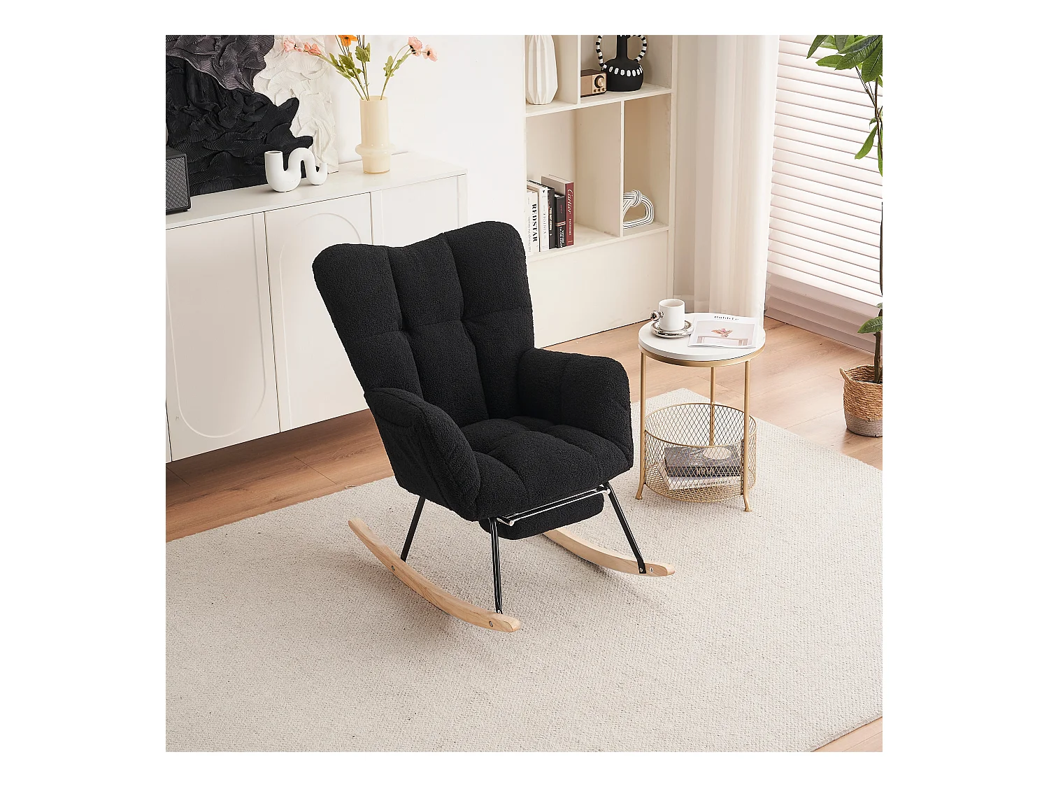 Fauteuil à bascule rembourré, peluche, fauteuil à bascule noir avec repose-pieds rétractable, structure en métal
