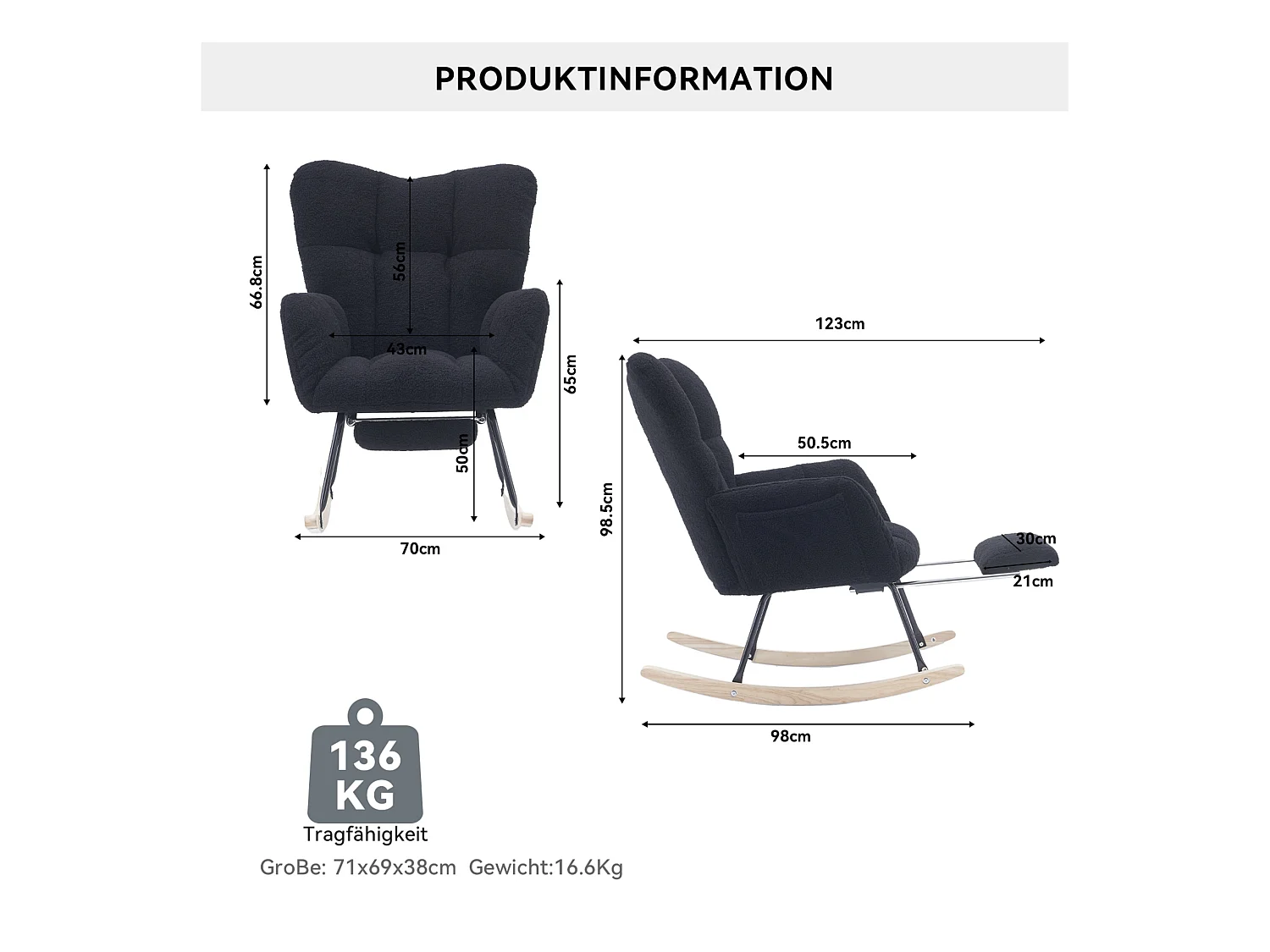 Fauteuil à bascule rembourré, peluche, fauteuil à bascule noir avec repose-pieds rétractable, structure en métal