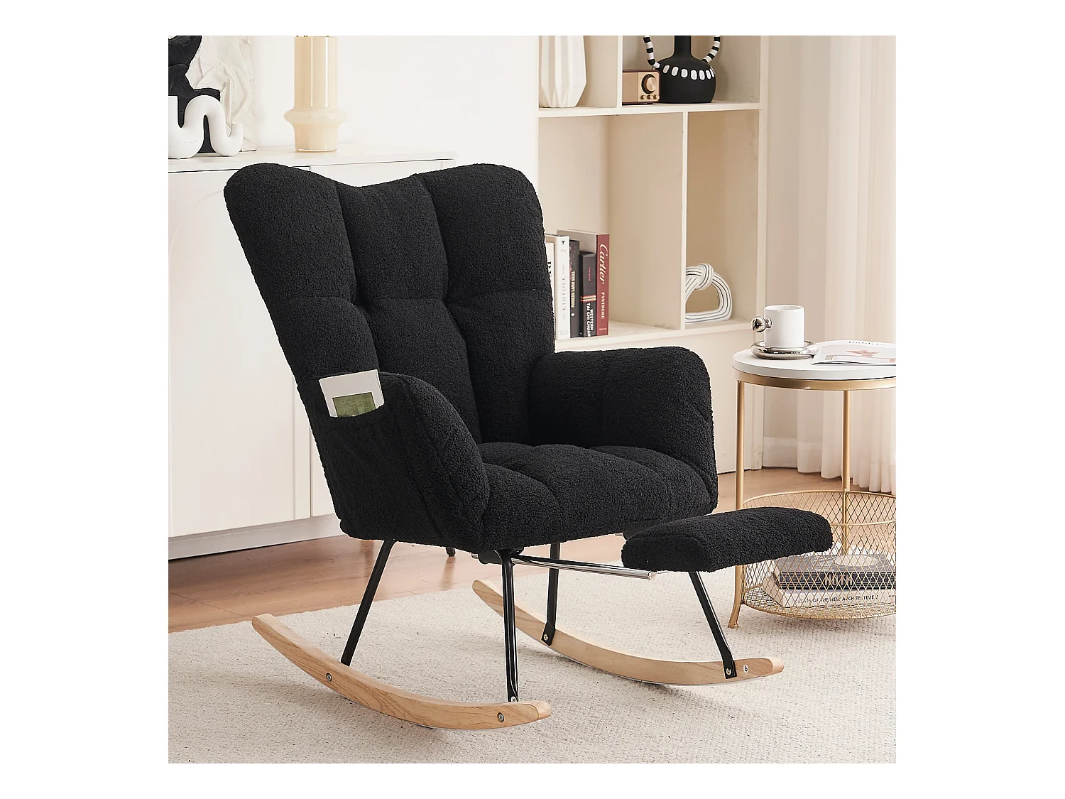 Fauteuil à bascule rembourré, peluche, fauteuil à bascule noir avec repose-pieds rétractable, structure en métal