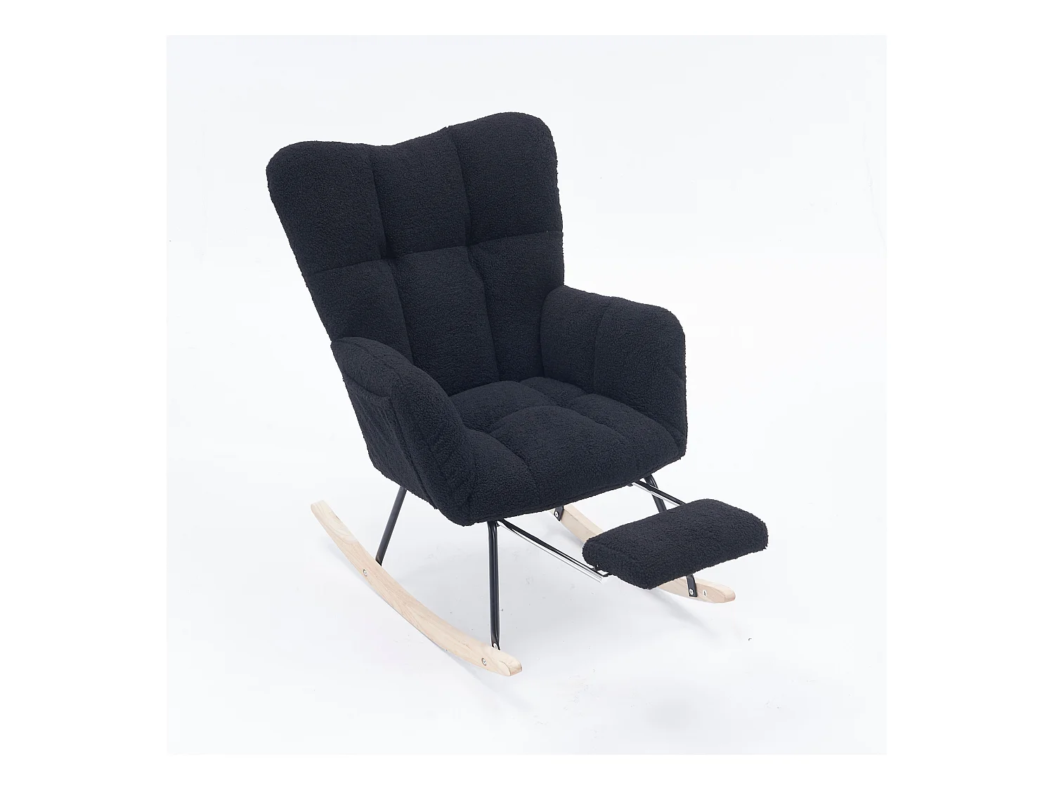 Fauteuil à bascule rembourré, peluche, fauteuil à bascule noir avec repose-pieds rétractable, structure en métal