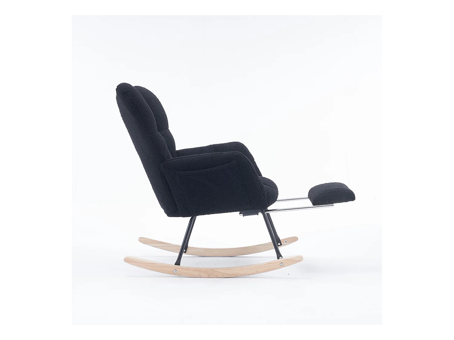 Fauteuil à bascule rembourré, peluche, fauteuil à bascule noir avec repose-pieds rétractable, structure en métal