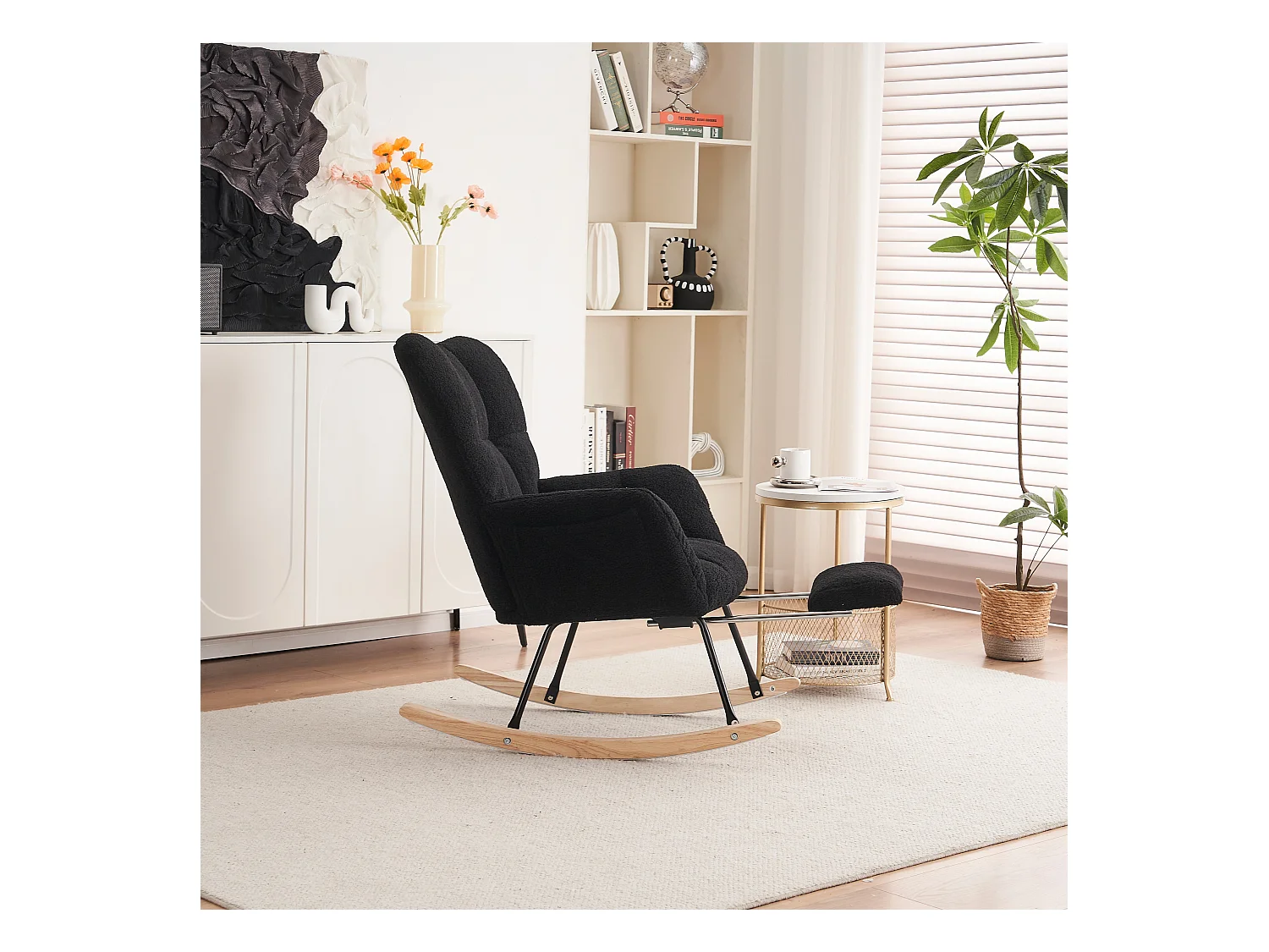 Tapicerowany fotel bujany, plusz, czarny fotel bujany z wysuwanym podnóżkiem, metalowa rama