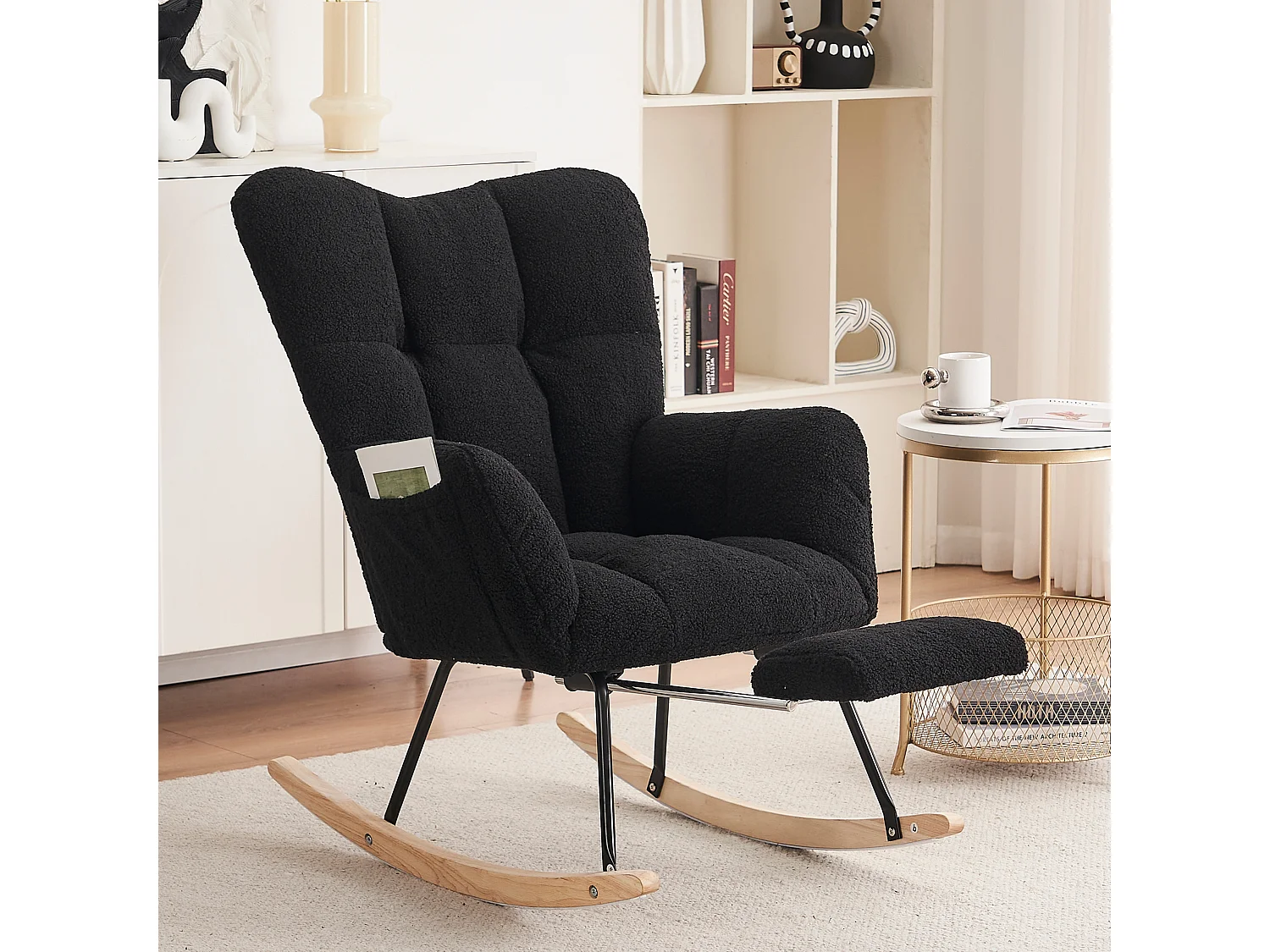 Fauteuil à bascule rembourré, peluche, fauteuil à bascule noir avec repose-pieds rétractable, structure en métal