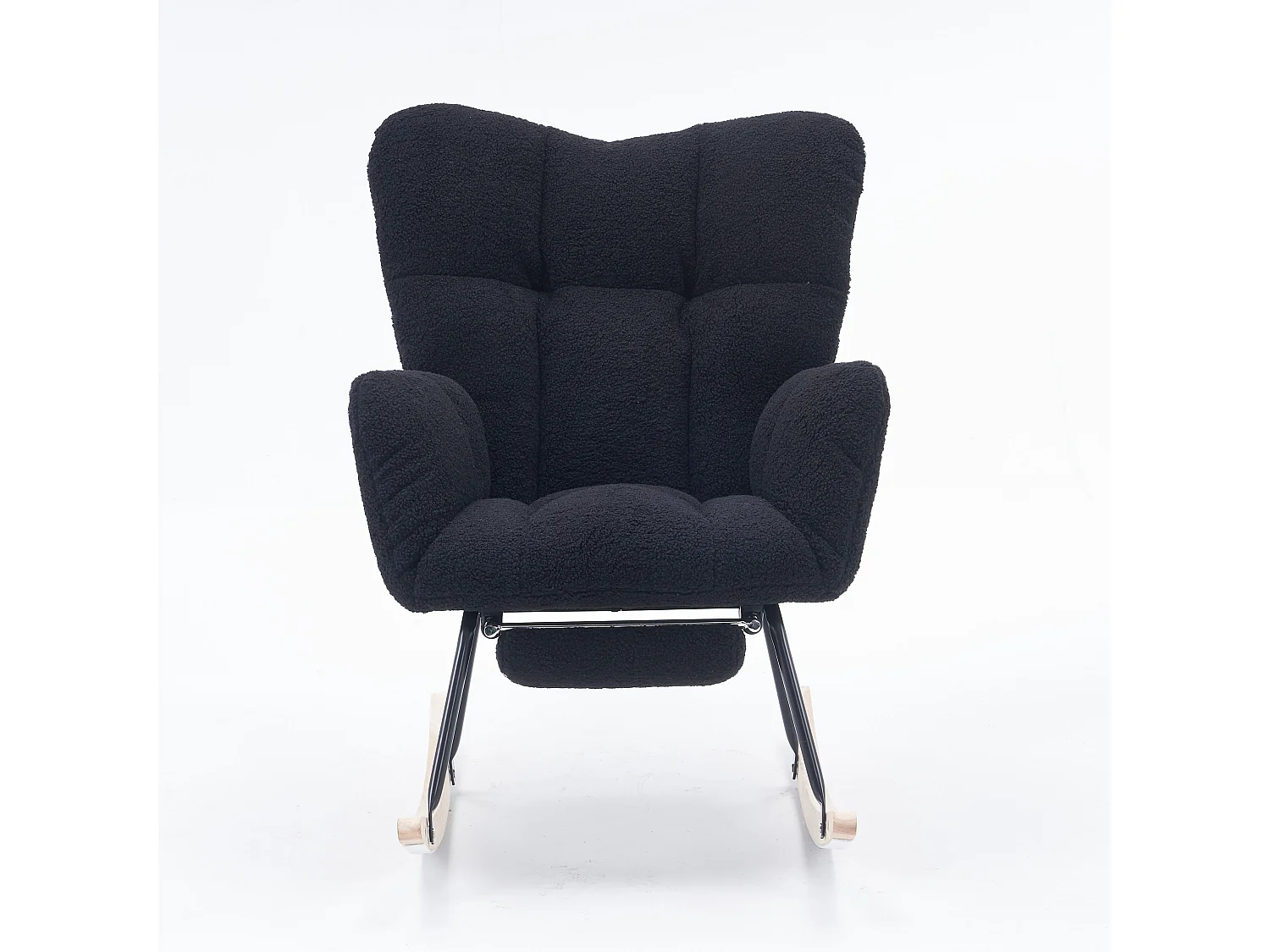 Fauteuil à bascule rembourré, peluche, fauteuil à bascule noir avec repose-pieds rétractable, structure en métal