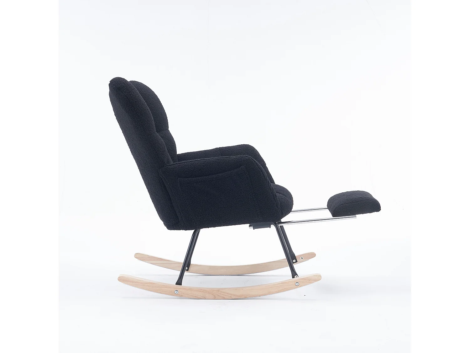 Fauteuil à bascule rembourré, peluche, fauteuil à bascule noir avec repose-pieds rétractable, structure en métal