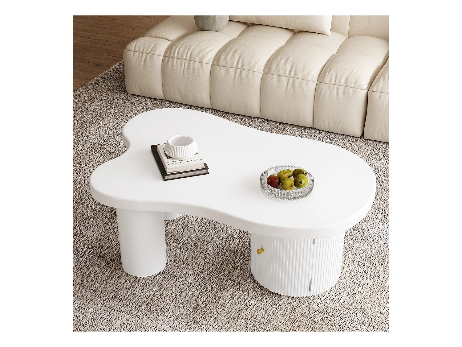 Table basse asymétrique, Table basse blanche avec 1 porte incurvée, matériau MDF, pour salon et bureau