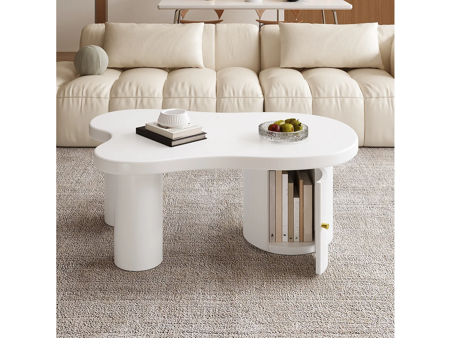 Asymmetrischer Couchtisch, weiß, mit 1 gebogenen Tür, MDF, für Wohnzimmer und Büro