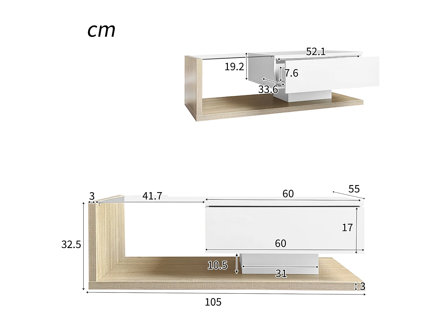 Table basse salon blanc brillant et bois naturel avec LED, 1 tiroir, verre trempé, 105x55x32,5 cm
