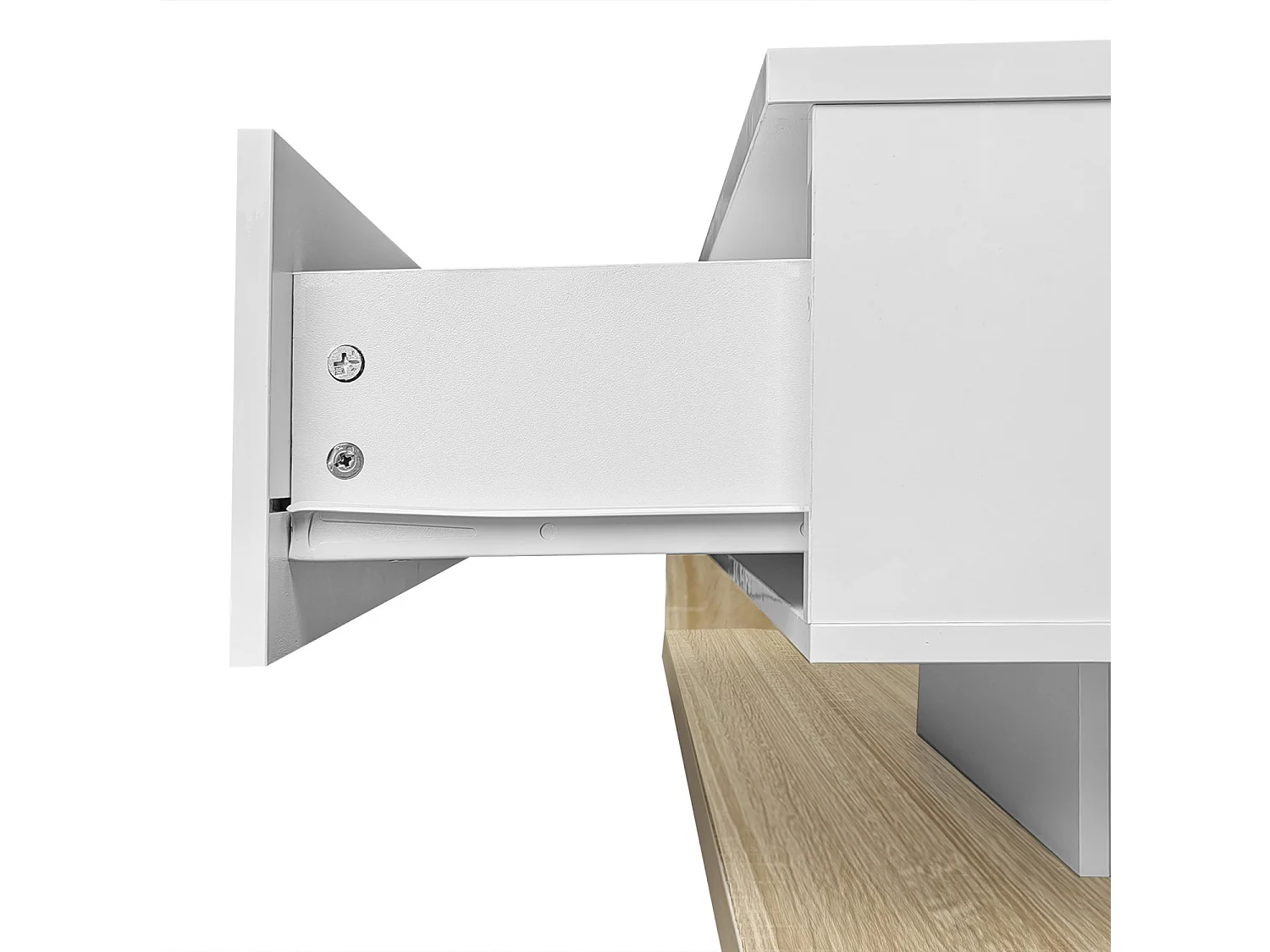 Table basse salon blanc brillant et bois naturel avec LED, 1 tiroir, verre trempé, 105x55x32,5 cm