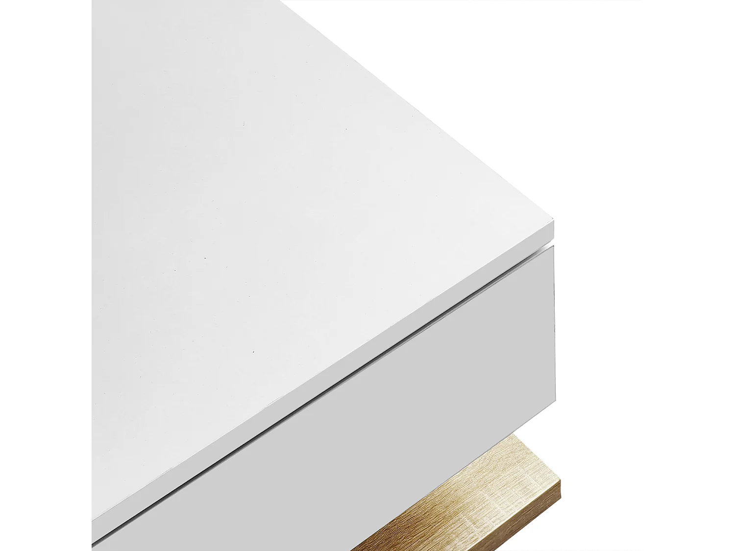 Table basse salon blanc brillant et bois naturel avec LED, 1 tiroir, verre trempé, 105x55x32,5 cm