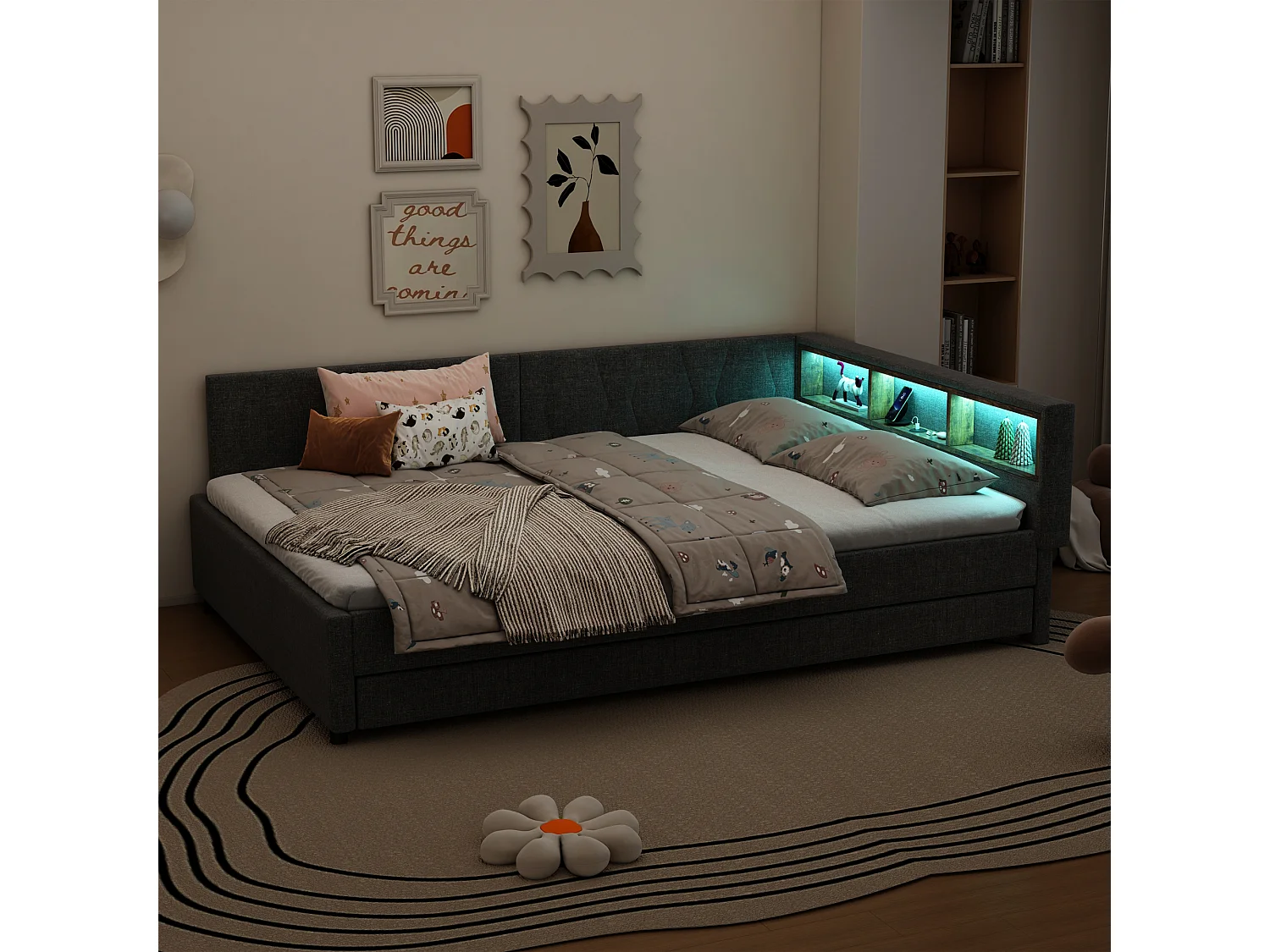 Uitschuifbed 140x200 cm, grijs linnen, slaapbank met USB-aansluitingen en led-verlichting, zonder matras