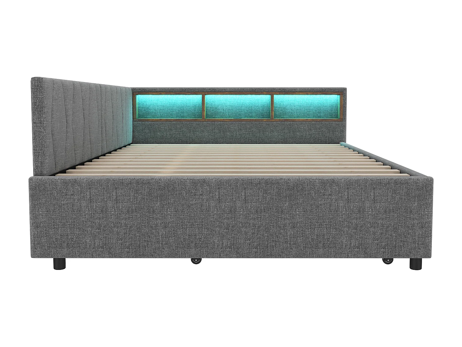 Lit gigogne 140x200 cm, lin gris, Lit banquette avec ports USB et LED, sans matelas